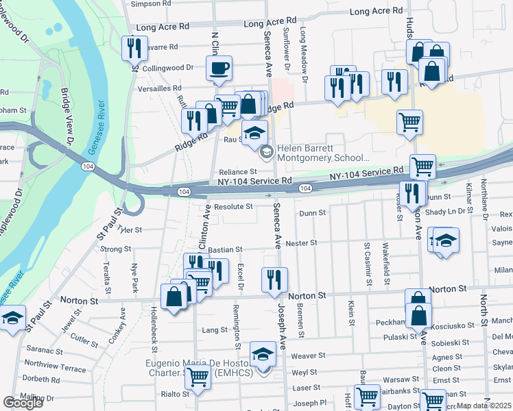map of restaurants, bars, coffee shops, grocery stores, and more near Resolute Street & Resolute Circle in Rochester