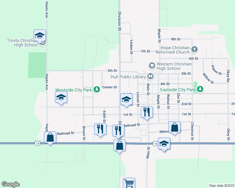 map of restaurants, bars, coffee shops, grocery stores, and more near 1301 Division Street in Hull