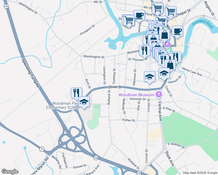 map of restaurants, bars, coffee shops, grocery stores, and more near 47 Cushing Street in Dover