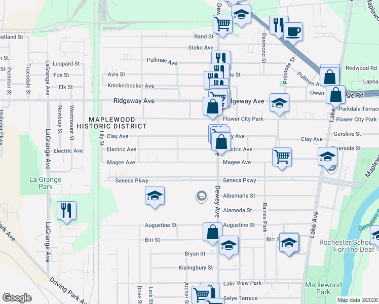 map of restaurants, bars, coffee shops, grocery stores, and more near 264 Electric Avenue in Rochester