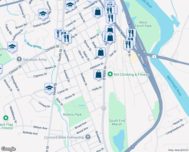 map of restaurants, bars, coffee shops, grocery stores, and more near 20 Maitland Street in Concord