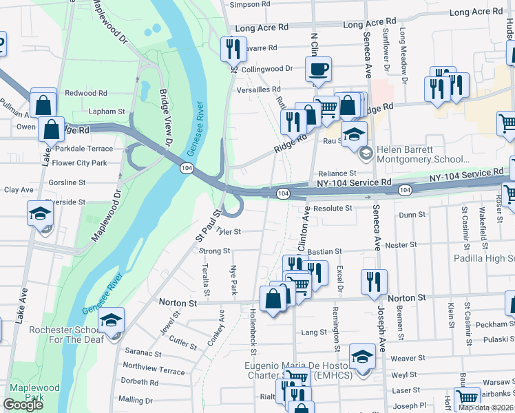 map of restaurants, bars, coffee shops, grocery stores, and more near 80 Requa Street in Rochester