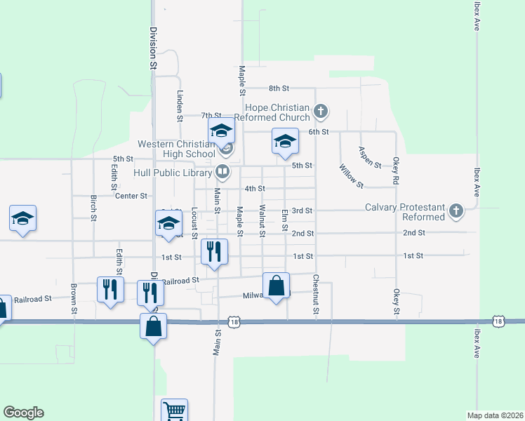 map of restaurants, bars, coffee shops, grocery stores, and more near 1201 3rd Street in Hull