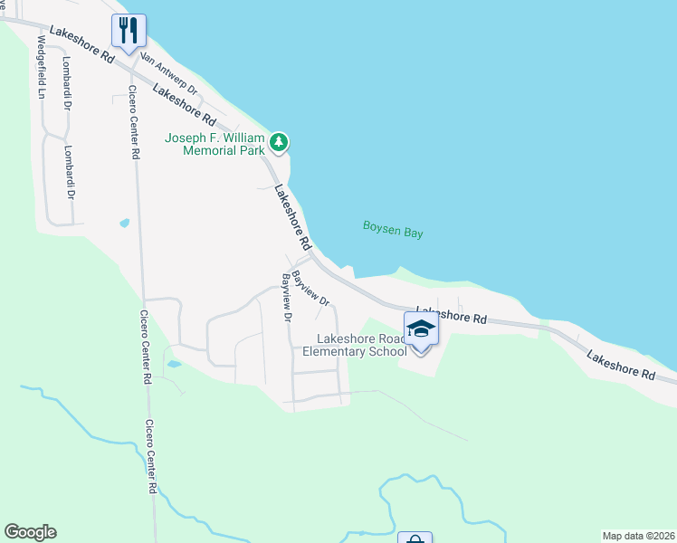 map of restaurants, bars, coffee shops, grocery stores, and more near 7109 Lakeshore Road in Cicero