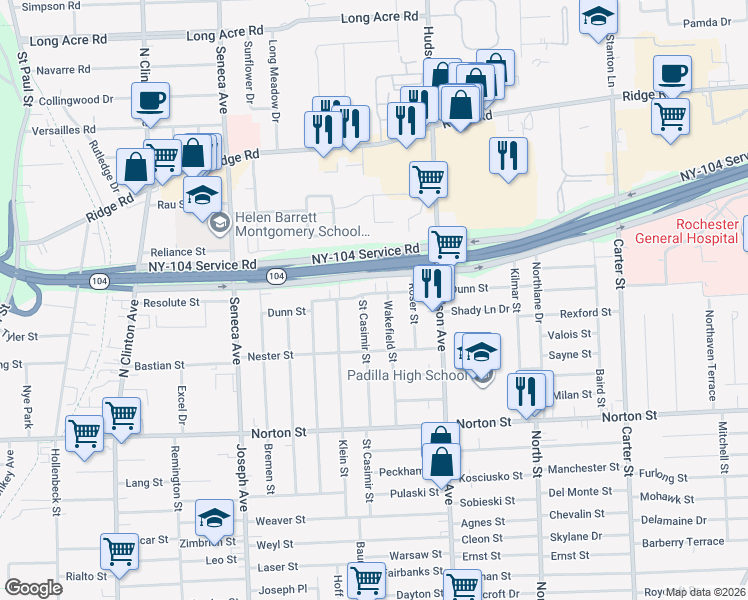 map of restaurants, bars, coffee shops, grocery stores, and more near 174 Dunn Street in Rochester