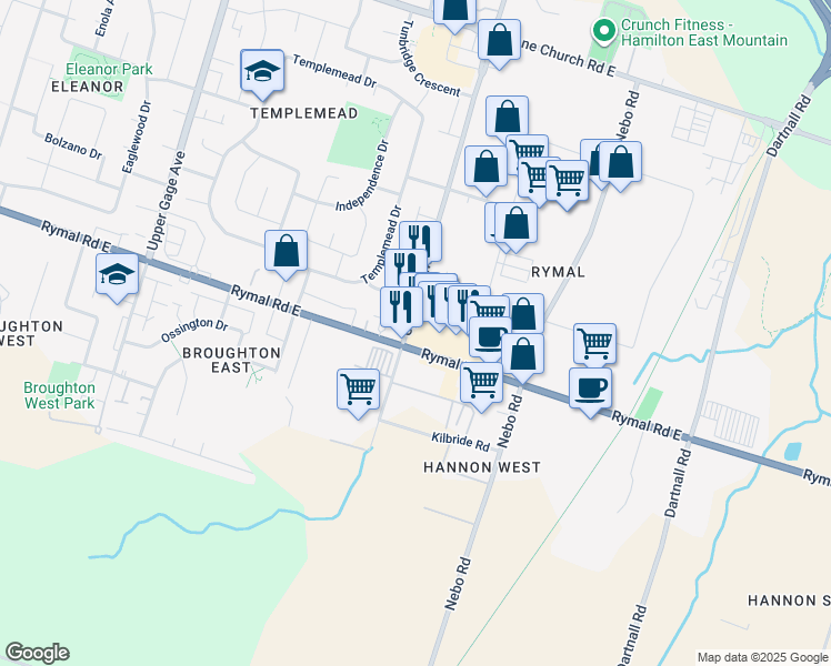 map of restaurants, bars, coffee shops, grocery stores, and more near 1575 Upper Ottawa Street in Hamilton