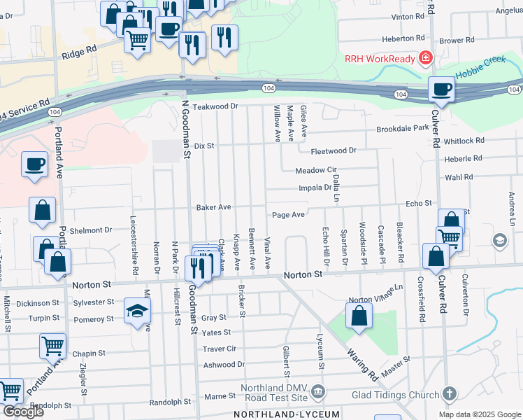 map of restaurants, bars, coffee shops, grocery stores, and more near 160 Bennett Avenue in Rochester
