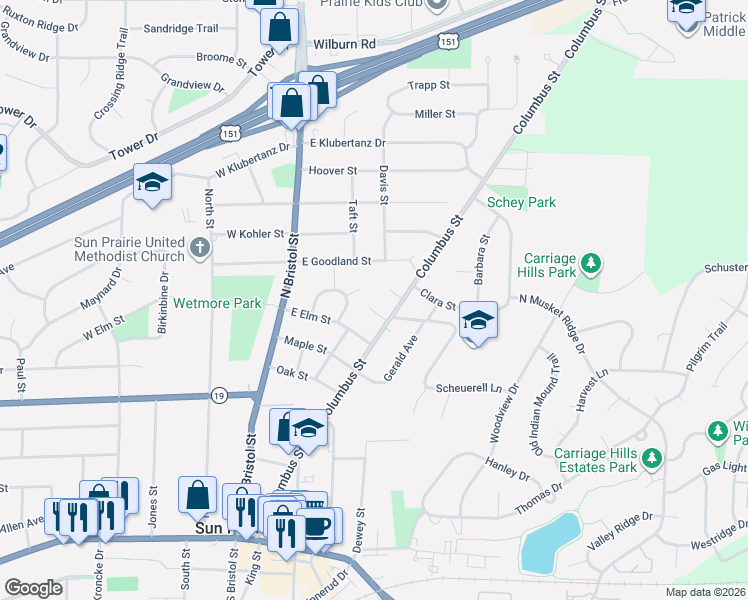 map of restaurants, bars, coffee shops, grocery stores, and more near 122 Gary Court in Sun Prairie