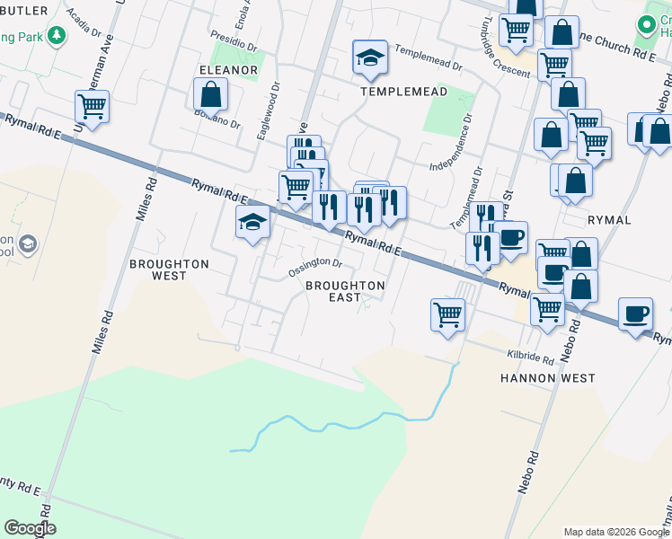 map of restaurants, bars, coffee shops, grocery stores, and more near 106 Ossington Drive in Hamilton