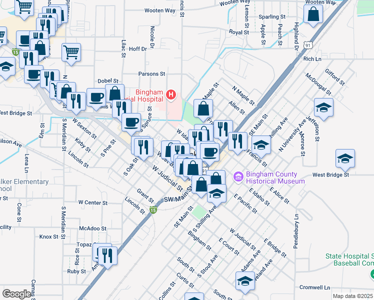 map of restaurants, bars, coffee shops, grocery stores, and more near 165 West Pacific Street in Blackfoot