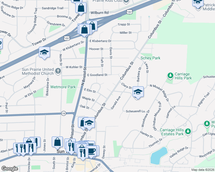 map of restaurants, bars, coffee shops, grocery stores, and more near 122 Gary Court in Sun Prairie