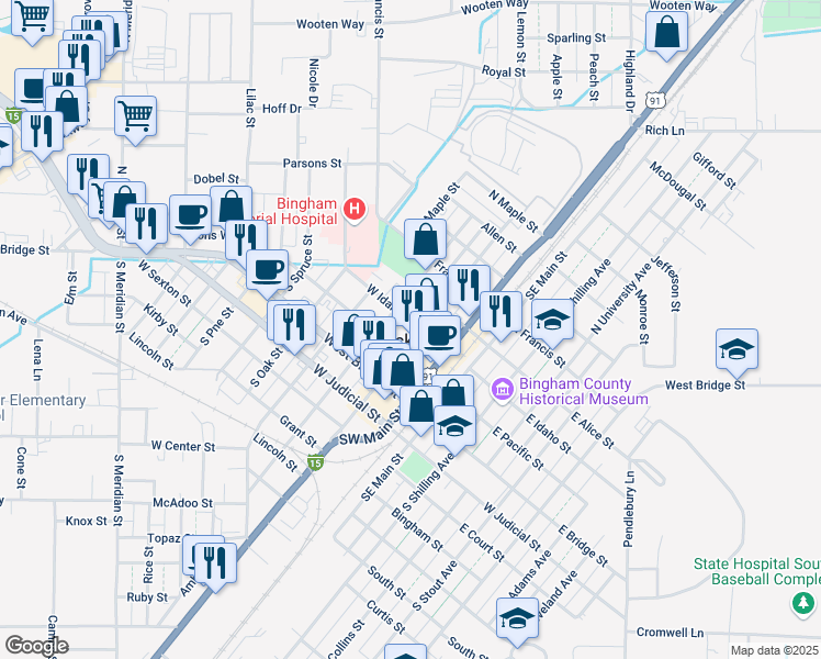 map of restaurants, bars, coffee shops, grocery stores, and more near 195 North Broadway Street in Blackfoot