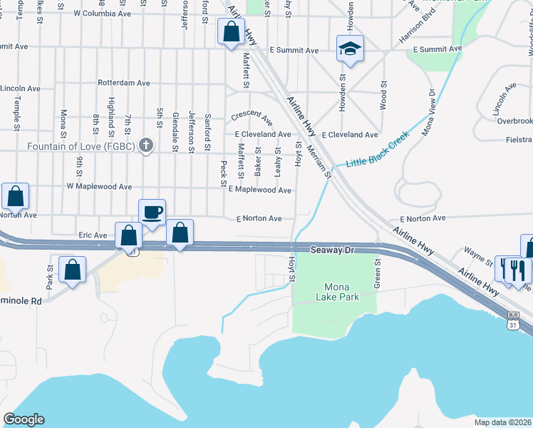 map of restaurants, bars, coffee shops, grocery stores, and more near 104 East Norton Avenue in Muskegon Heights