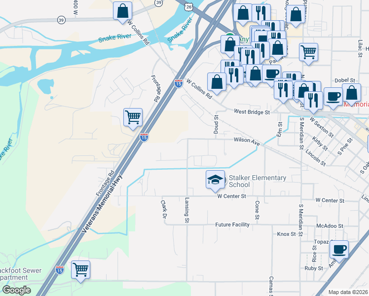 map of restaurants, bars, coffee shops, grocery stores, and more near 219 Lansing Street in Blackfoot