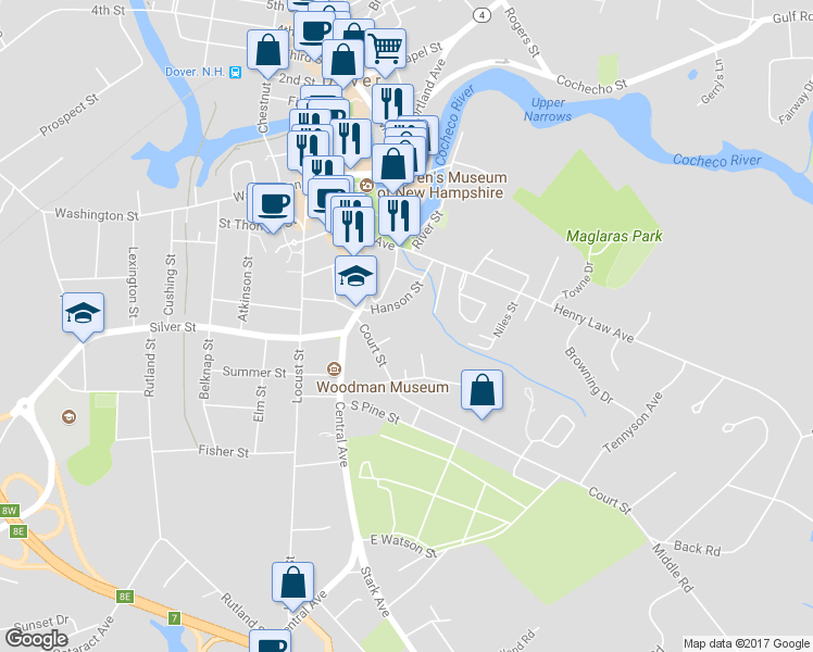 map of restaurants, bars, coffee shops, grocery stores, and more near 37 Boyle Street in Dover