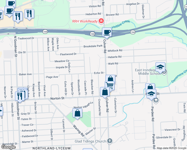 map of restaurants, bars, coffee shops, grocery stores, and more near 420 Bleacker Road in Rochester