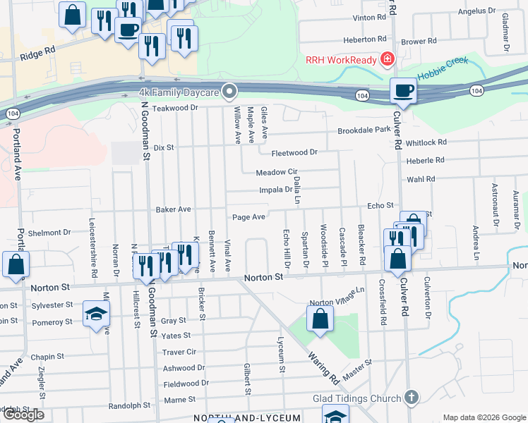 map of restaurants, bars, coffee shops, grocery stores, and more near 525 Sanborn Avenue in Rochester