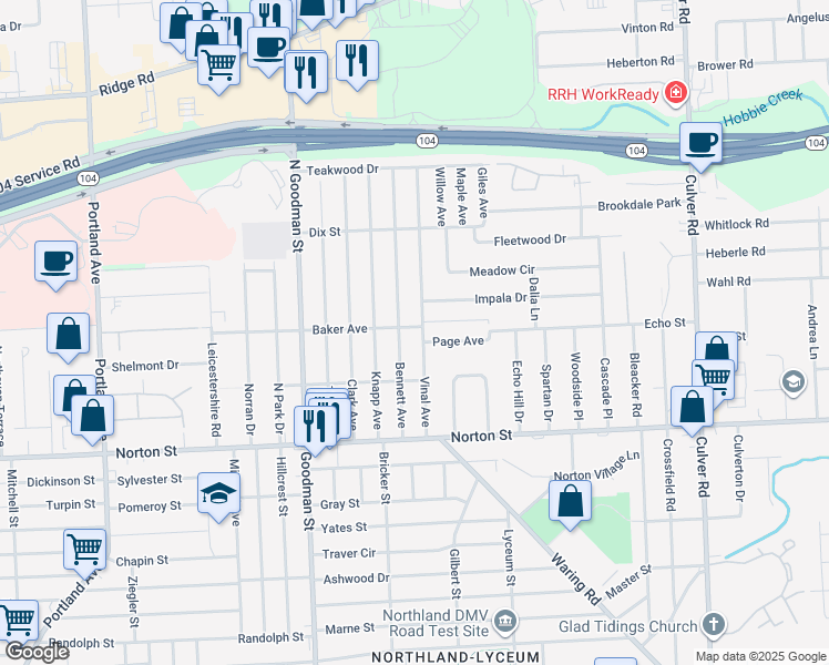 map of restaurants, bars, coffee shops, grocery stores, and more near 160 Bennett Avenue in Rochester