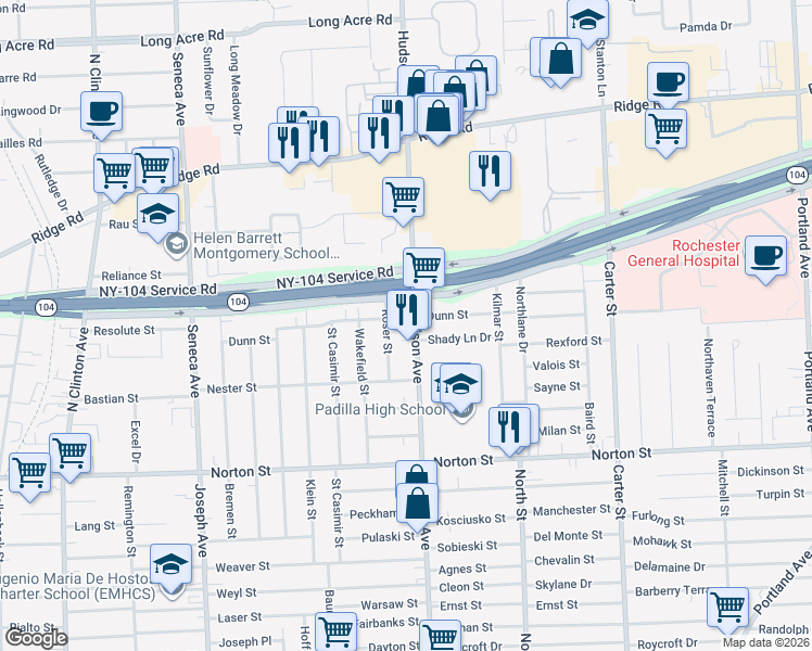 map of restaurants, bars, coffee shops, grocery stores, and more near in Rochester