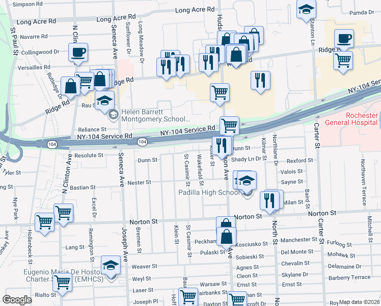 map of restaurants, bars, coffee shops, grocery stores, and more near 174 Dunn Street in Rochester