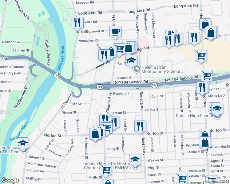 map of restaurants, bars, coffee shops, grocery stores, and more near 1665 North Clinton Avenue in Rochester