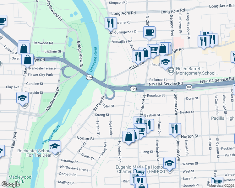map of restaurants, bars, coffee shops, grocery stores, and more near 80 Requa Street in Rochester