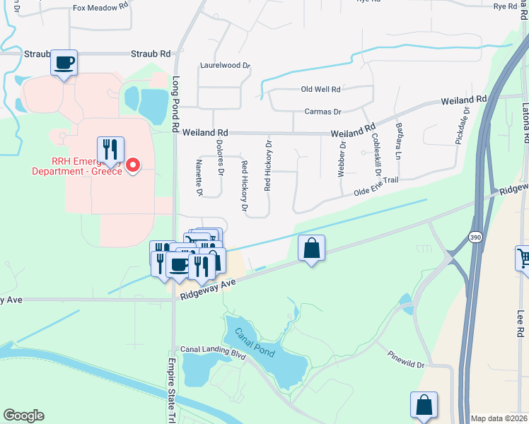 map of restaurants, bars, coffee shops, grocery stores, and more near 114 Red Hickory Drive in Rochester