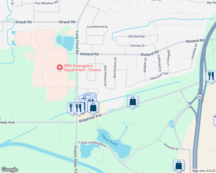 map of restaurants, bars, coffee shops, grocery stores, and more near 191 Red Hickory Drive in Rochester