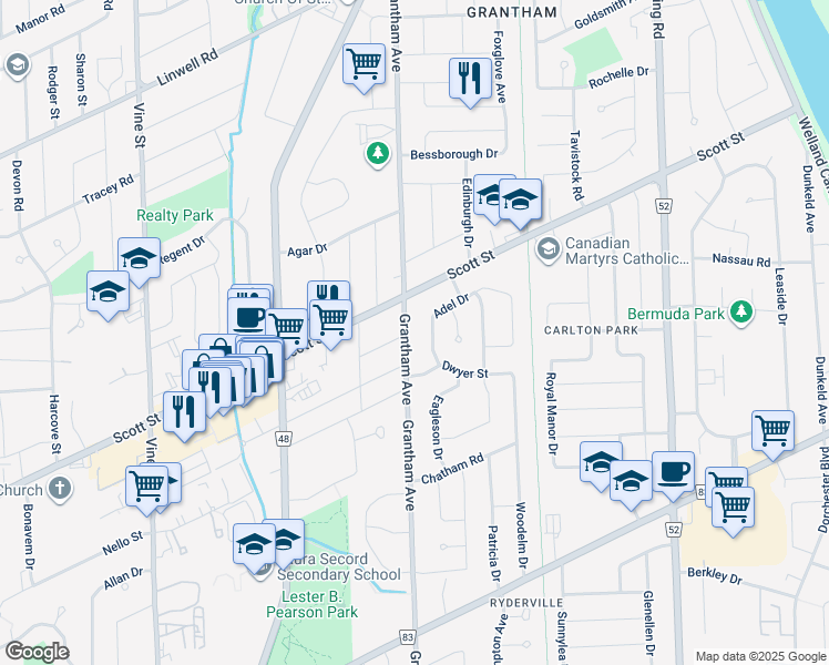 map of restaurants, bars, coffee shops, grocery stores, and more near 406 Grantham Avenue in St. Catharines