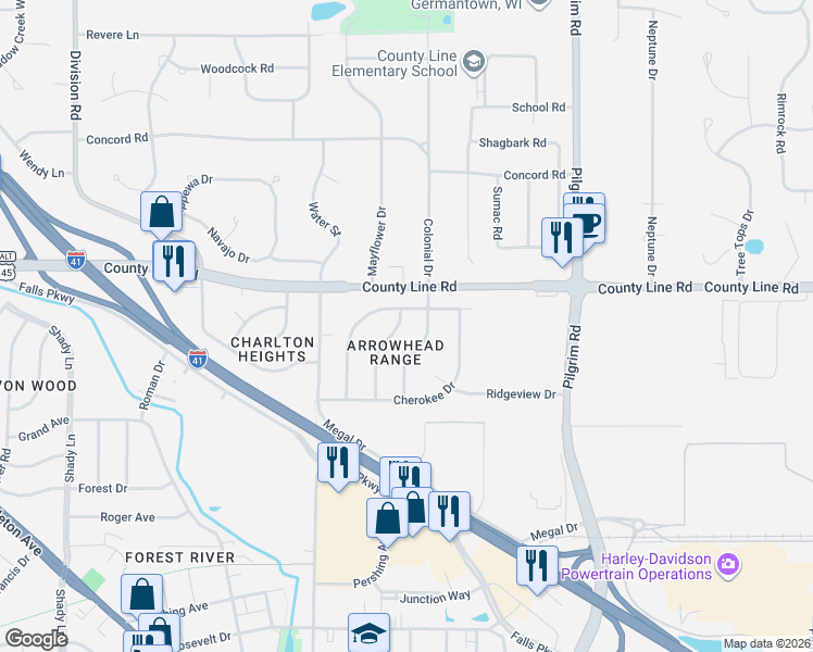 map of restaurants, bars, coffee shops, grocery stores, and more near W161N9540 Blackfoot Drive in Menomonee Falls