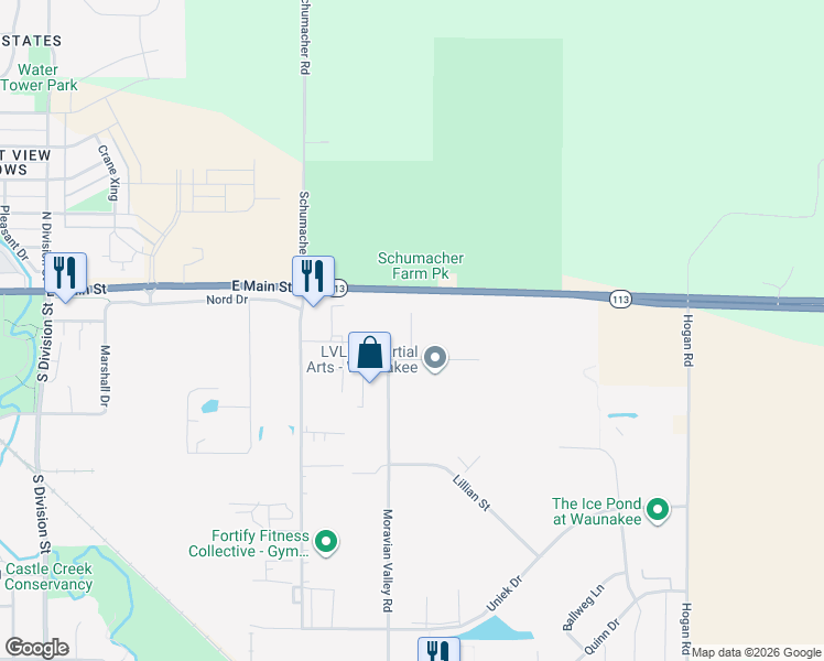 map of restaurants, bars, coffee shops, grocery stores, and more near 251 Progress Way in Waunakee