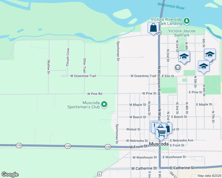 map of restaurants, bars, coffee shops, grocery stores, and more near 526 West Pine Road in Muscoda