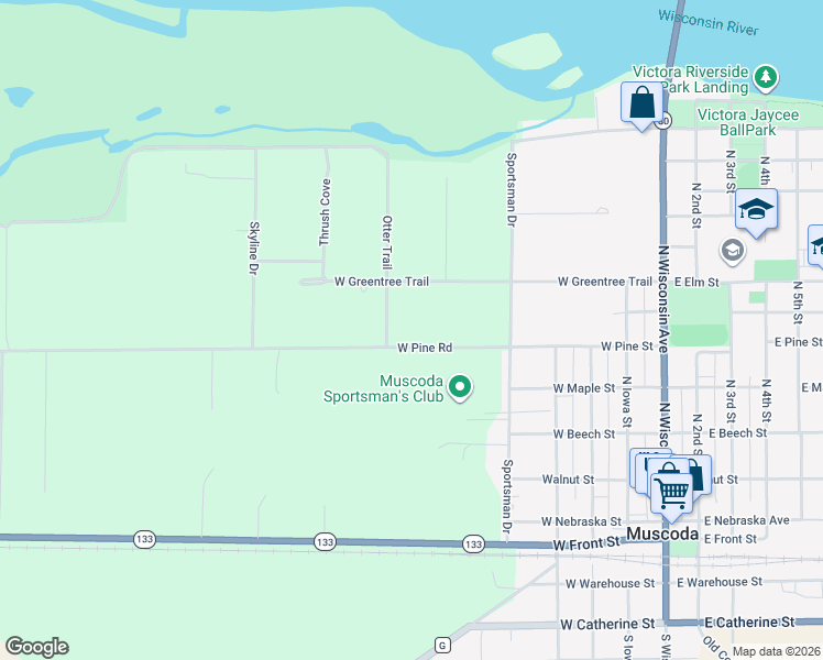 map of restaurants, bars, coffee shops, grocery stores, and more near 578 West Pine Road in Muscoda
