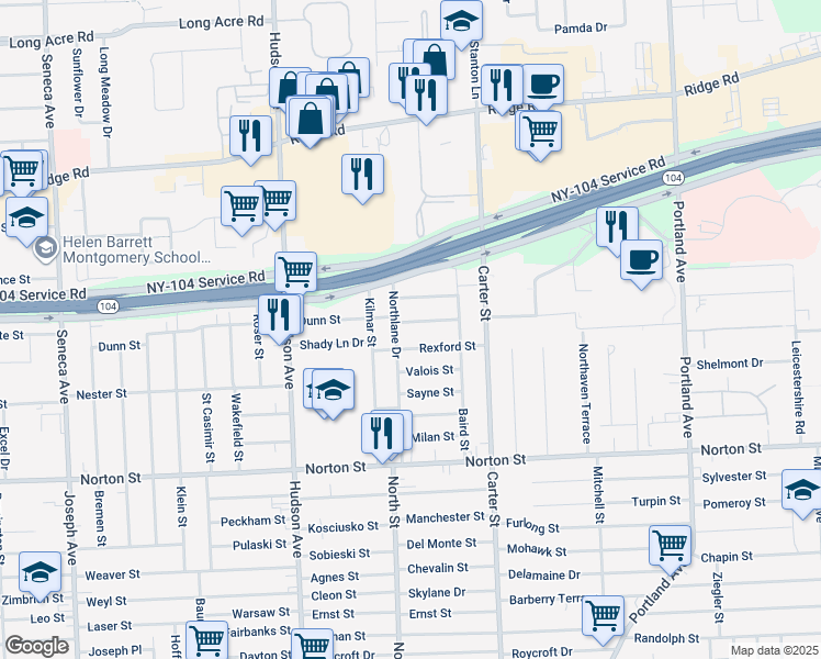 map of restaurants, bars, coffee shops, grocery stores, and more near 19 Van Olinda Street in Rochester