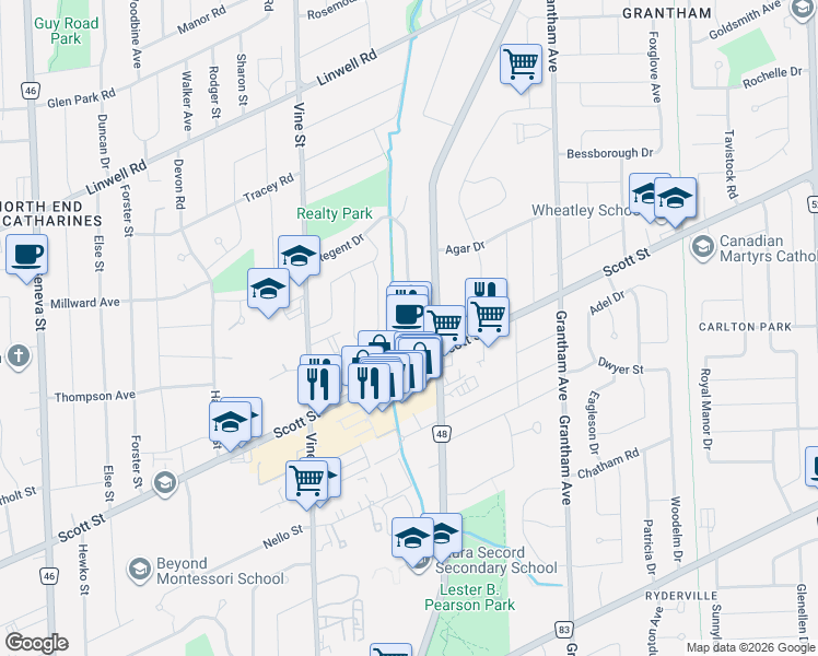map of restaurants, bars, coffee shops, grocery stores, and more near 91 Regent Drive in St. Catharines