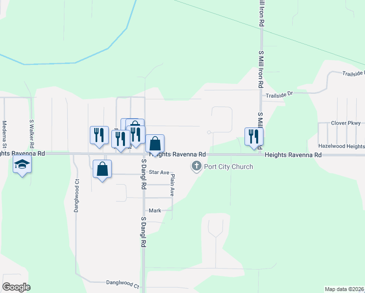 map of restaurants, bars, coffee shops, grocery stores, and more near 3366 Heights Ravenna Road in Muskegon