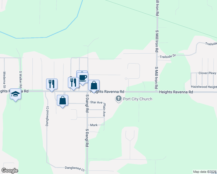 map of restaurants, bars, coffee shops, grocery stores, and more near 3296 Heights Ravenna Road in Muskegon
