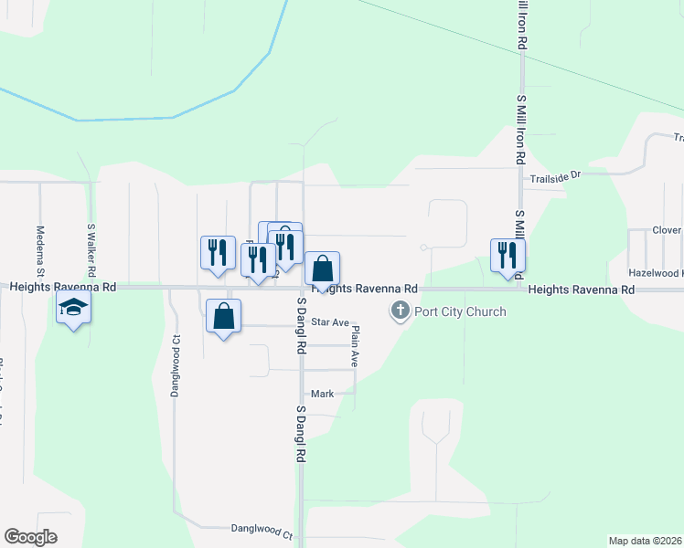 map of restaurants, bars, coffee shops, grocery stores, and more near 3296 Heights Ravenna Road in Muskegon