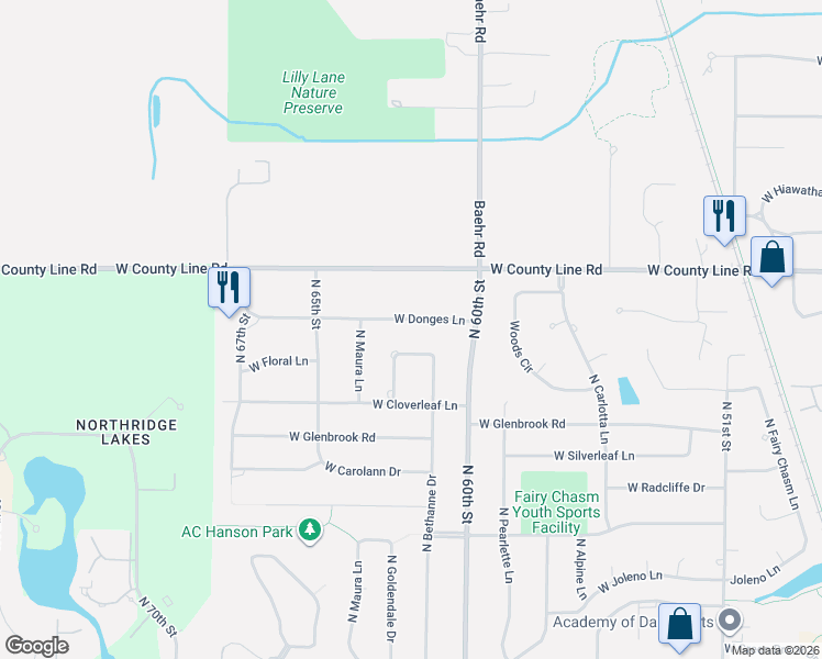 map of restaurants, bars, coffee shops, grocery stores, and more near 6207 West Donges Lane in Brown Deer