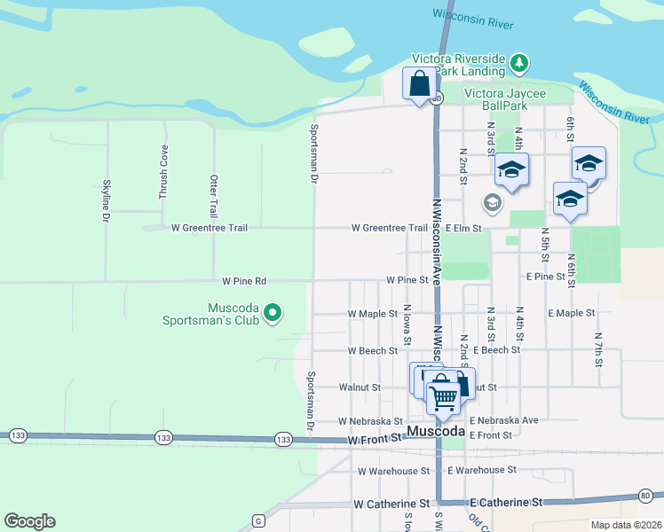map of restaurants, bars, coffee shops, grocery stores, and more near 410 West Pine Street in Muscoda