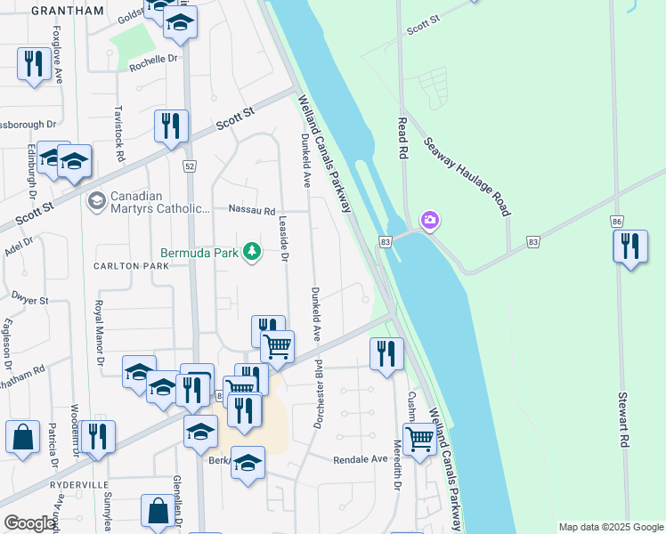 map of restaurants, bars, coffee shops, grocery stores, and more near 23 Dunblane Avenue in Saint Catharines