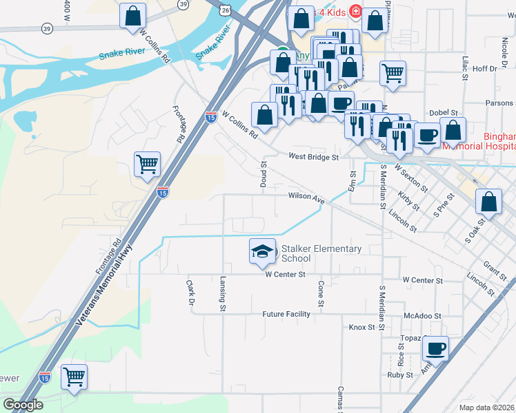 map of restaurants, bars, coffee shops, grocery stores, and more near 630 Wilson Avenue in Blackfoot