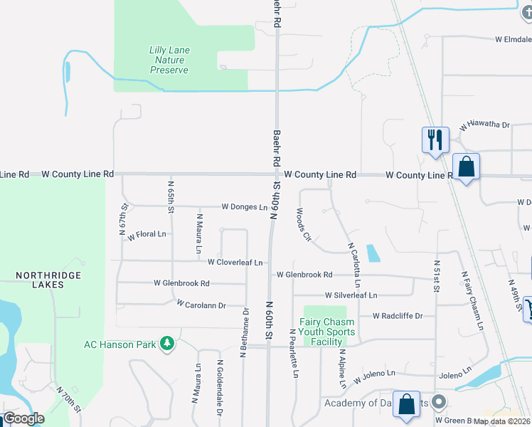 map of restaurants, bars, coffee shops, grocery stores, and more near 9524 North 60th Street in Brown Deer