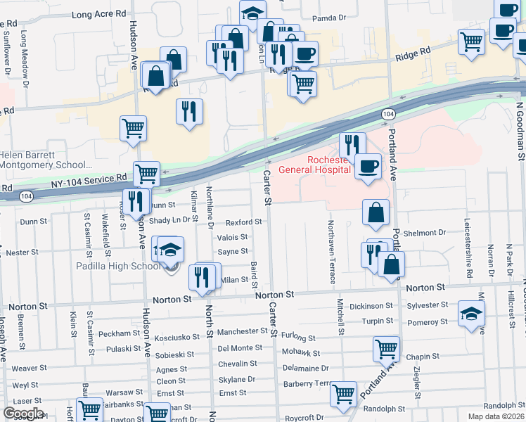 map of restaurants, bars, coffee shops, grocery stores, and more near 739 Carter Street in Rochester