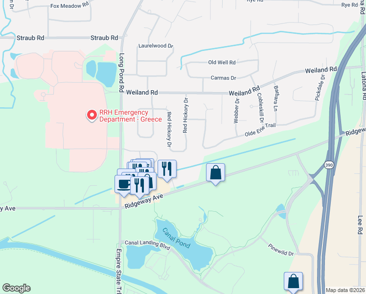 map of restaurants, bars, coffee shops, grocery stores, and more near 114 Red Hickory Drive in Rochester