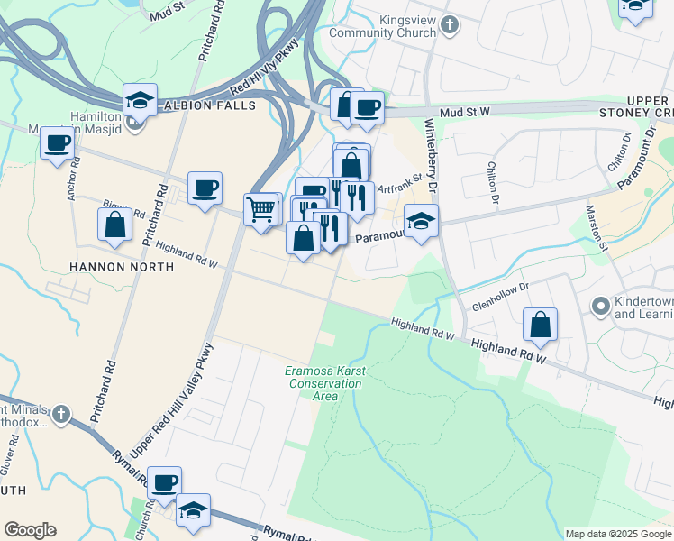 map of restaurants, bars, coffee shops, grocery stores, and more near Upper Mount Albion Road in Hamilton