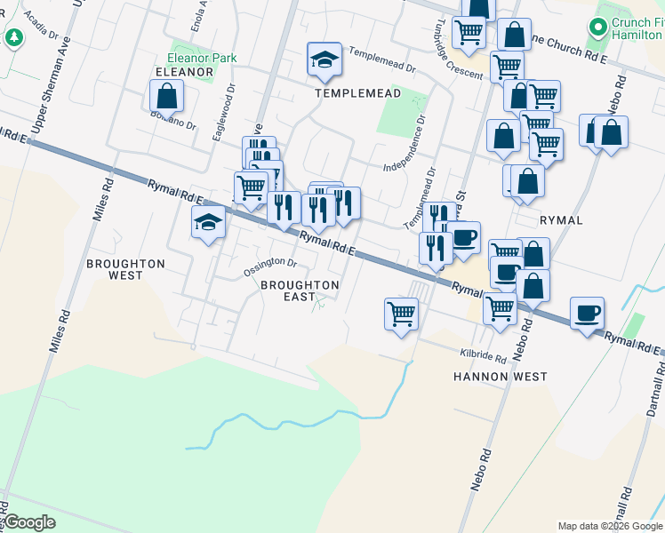 map of restaurants, bars, coffee shops, grocery stores, and more near 996 Rymal Road East in Hamilton
