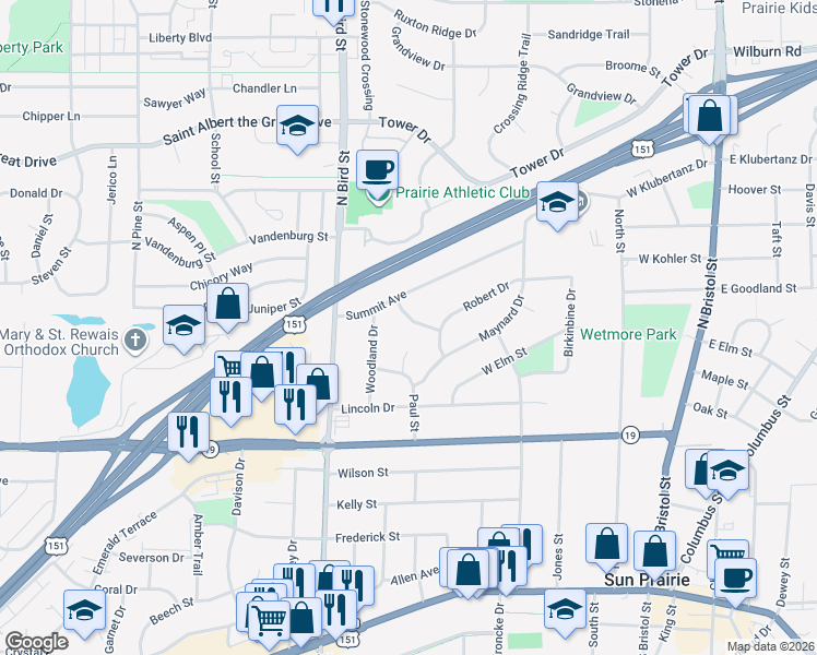 map of restaurants, bars, coffee shops, grocery stores, and more near 722 William Drive in Sun Prairie