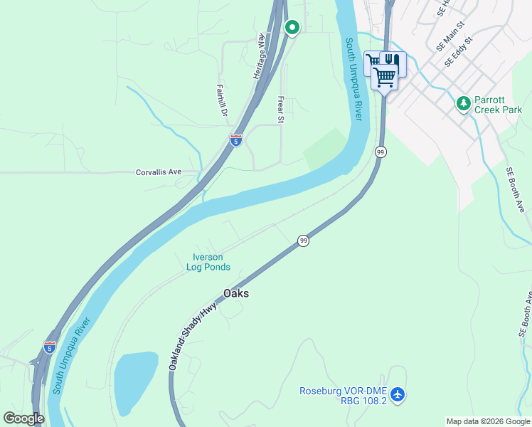 map of restaurants, bars, coffee shops, grocery stores, and more near 190 Tipton Road in Roseburg