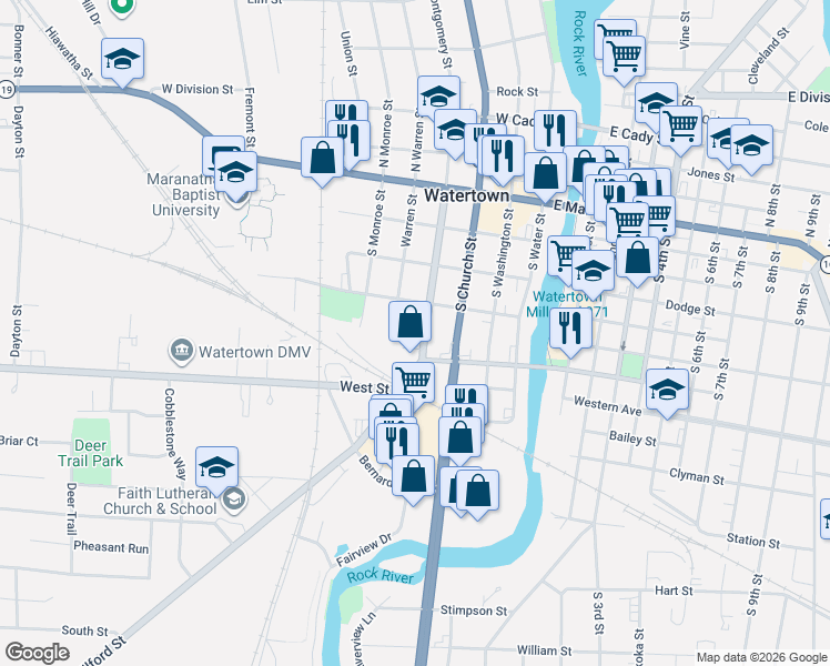 map of restaurants, bars, coffee shops, grocery stores, and more near 410 South Montgomery Street in Watertown